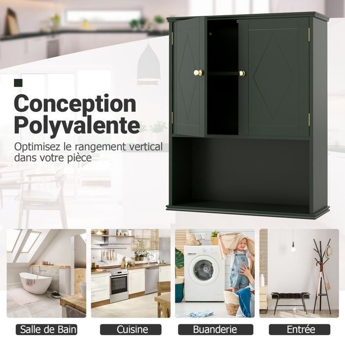 Armario de baño de pared COSTWAY con 2 puertas, estante ajustable, compartimento abierto, para inodoro, lavadero, sala de estar, color verde.