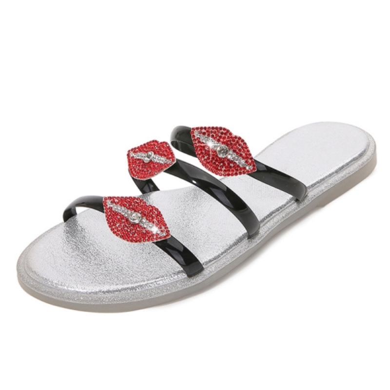 Sandalias de moda con labios rojos sexys y pedrería, chanclas de ocio para mujer, sandalias planas de tacón, encantadoras sandalias de playa, pantuflas para mujer