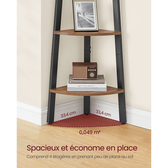 VASAGLE Étagère d'angle, Bibliothèque 4 Niveaux, Étagère Échelle, Porte-Plante, avec Cadre en Acier, Marron et Noir