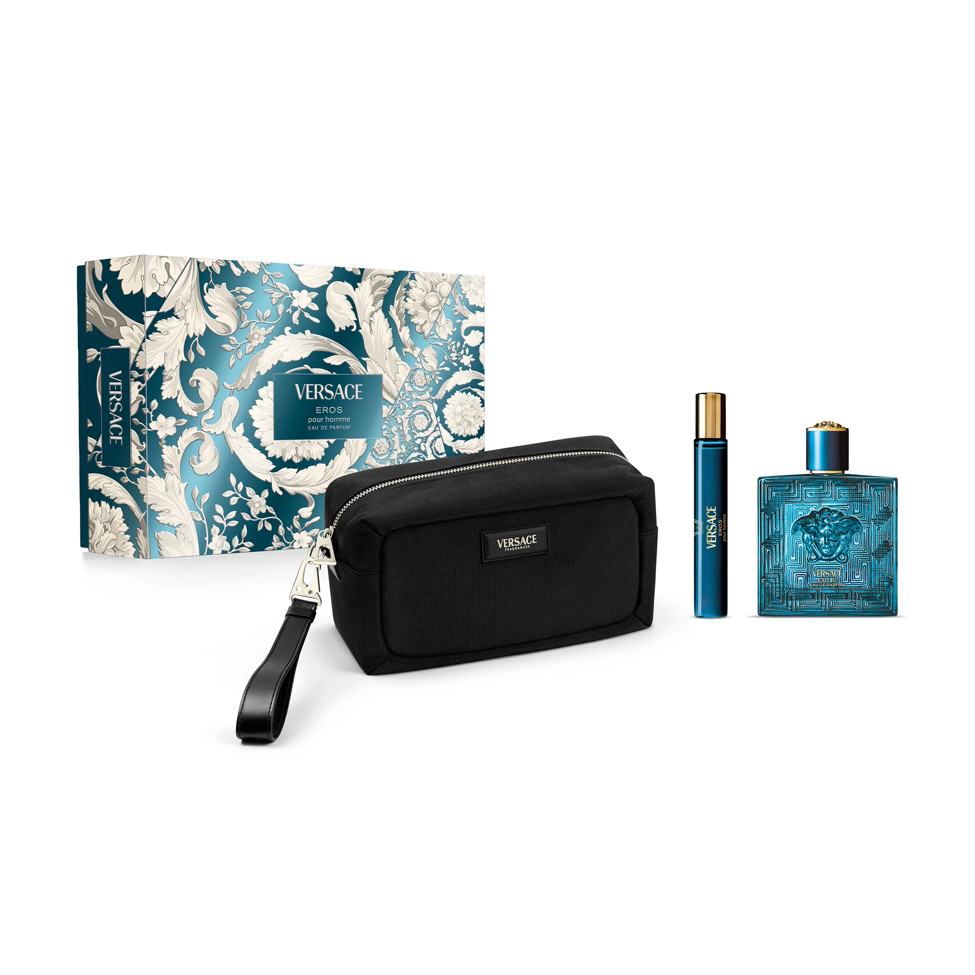 Eros Cofanetto Regalo Eros Eau De Parfum + Travel Spray + Trousse - Cofanetto Profumo Uomo, Eau de Parfum