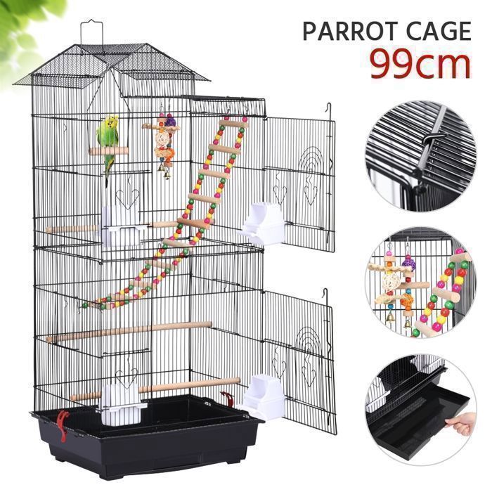 Jaula para pájaros YAHEETECH de 99 cm de metal negro con 4 comederos y accesorios.