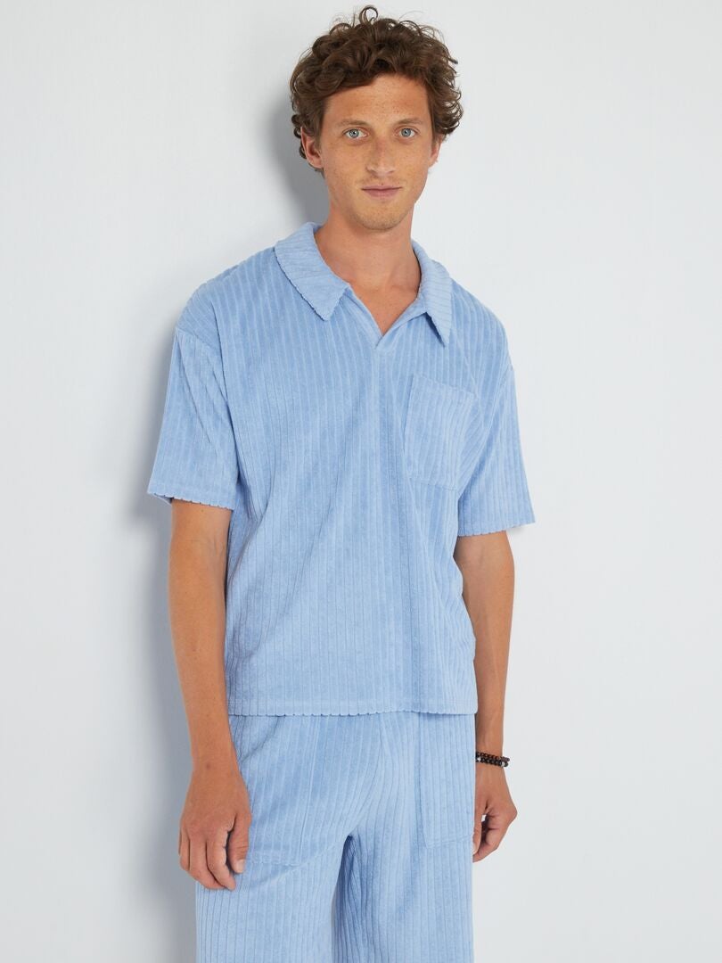 Camisa polo canelada em tecido atoalhado - AZUL