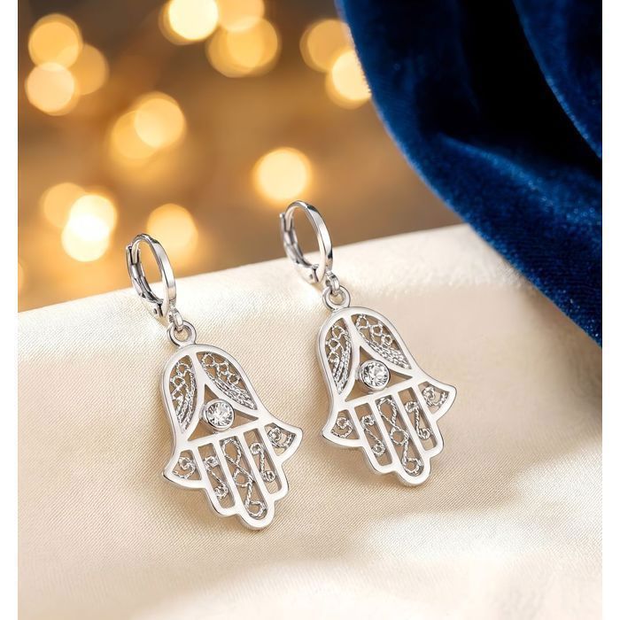 Boucles d'Oreilles - Pendantes - Main de Fatma - Argent 925/1000 - Rhodié - Femme - 42 mm