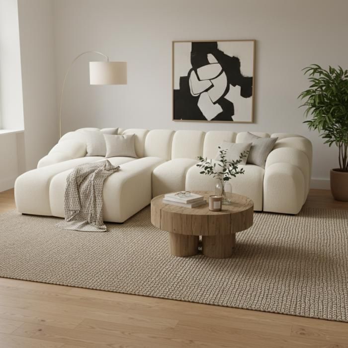 Canapé d’angle LORELIA 4 places avec tissu velours doux au toucher beige - 305 cm