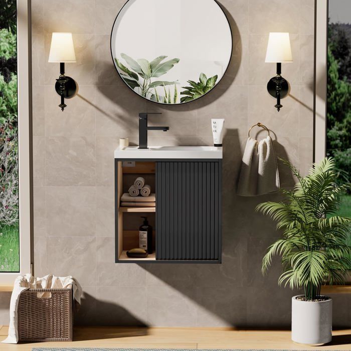 GOOBUY Móvel para Lavatório de 51cm, Móvel de Parede, Lavatório em Resina, Espaço de Armazenamento Oculto/Aberto, Padrão de Linhas, Preto