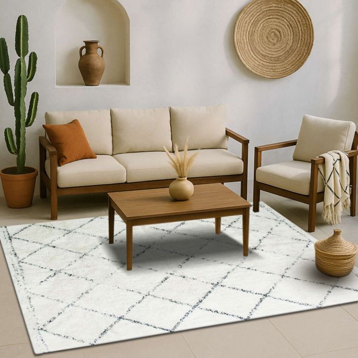 Berberteppich aus naturfarbenem, ecrufarbenem Baumwollstoff mit Rautenmuster, 80 x 180 cm
