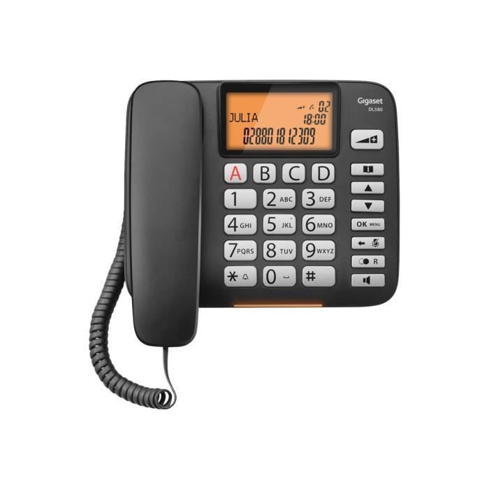 Téléphone filaire Gigaset DL580 avec ID d'appelant noir - Mains libres et horloge intégrée