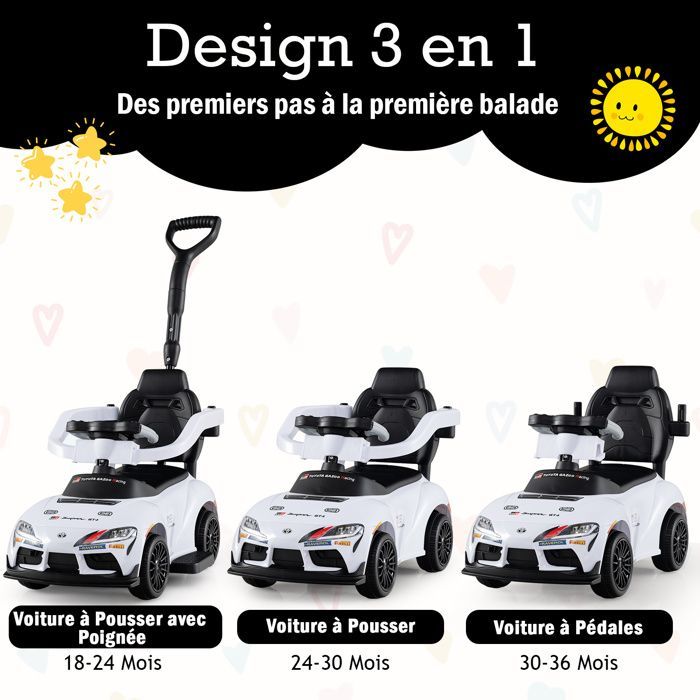 GIANTEX 3-i-1 Toyota Ride-On legetøj til børn, babybil til 1,5-5 år med aftageligt skubbehåndtag, musik, 20 kg lasteevne (hvid)