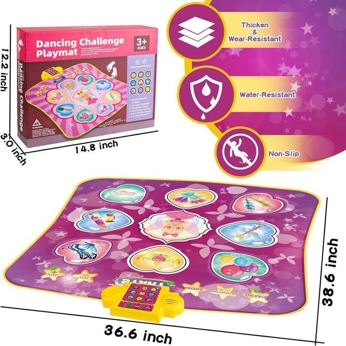 Tapis de Danse pour Enfants -Tapis de Jeu de Musique avec 9 Boutons Lumineux,Cadeaux d'anniversaire pour Filles de 3 à 15 Ans