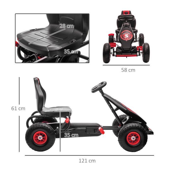 Kart à pédales pour enfant HOMCOM Go-kart siège réglable 3 positions frein à main pneus antidérapant enfant de 5 à 12 ans rouge noir