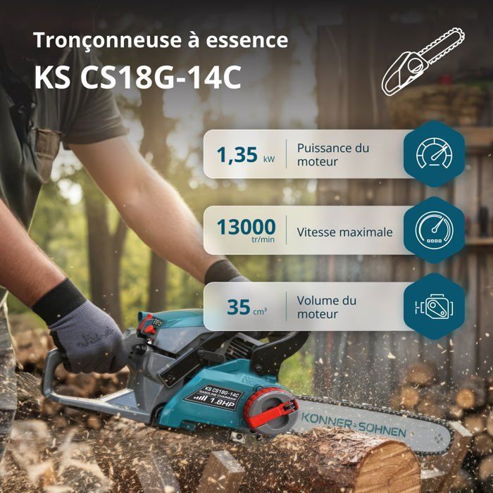 Könner & Söhnen Benzin-Kettensäge KS CS18G-14C – 1350 W – 35 cm Führungsschiene – werkzeuglose Kettenspannung