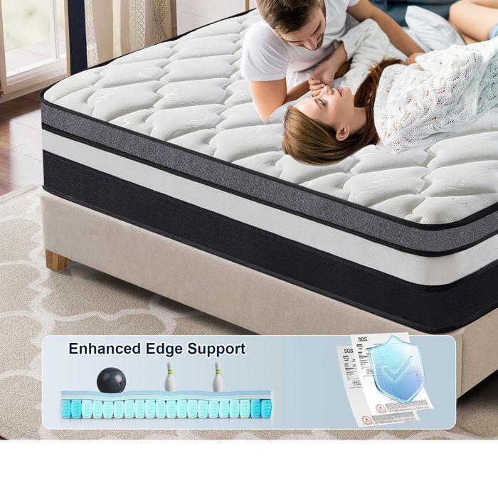 Colchón Premium de 140x200 cm, 30 cm de grosor, látex, espuma híbrida y muelles ensacados, firmeza media, 9 zonas ergonómicas, transpirable.