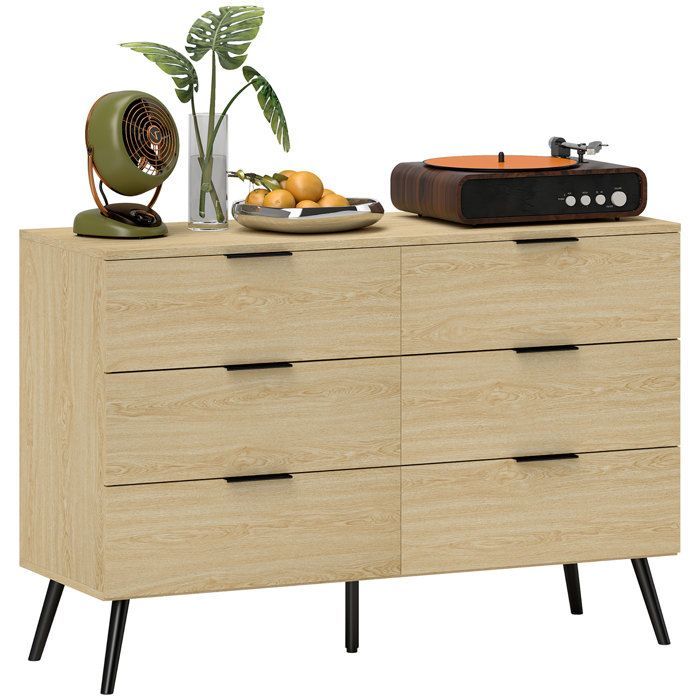 Commode 6 tiroirs - HOMCOM - Commode pour chambre à coucher avec design moderne anti-basculement 110L x 40l x 75H cm - Aspect bois