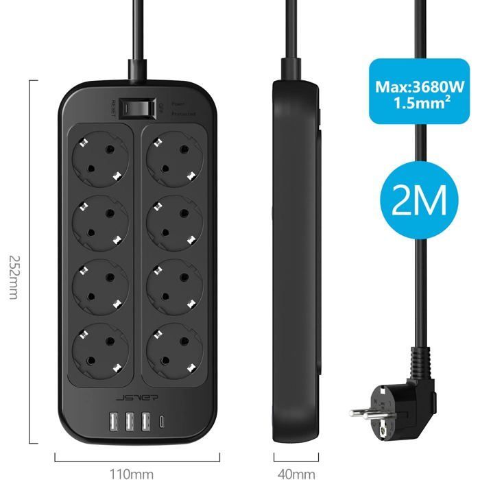 Multiprise 8 Prises avec 1 Port USB C,3 Port USB A (5V3,4A/17W) Parasurtenseur Parafoudre et Surtension avec Interrupteur Cordon 2m