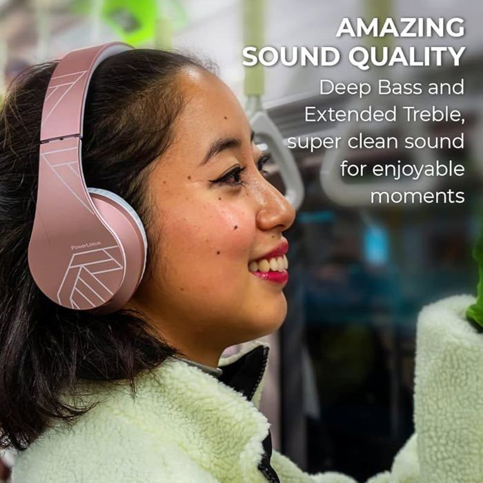 Auriculares Bluetooth inalámbricos supraaurales con micrófono integrado, sonido estéreo HD, ranura para tarjeta Micro SD/TF, modo FM, color oro rosa.