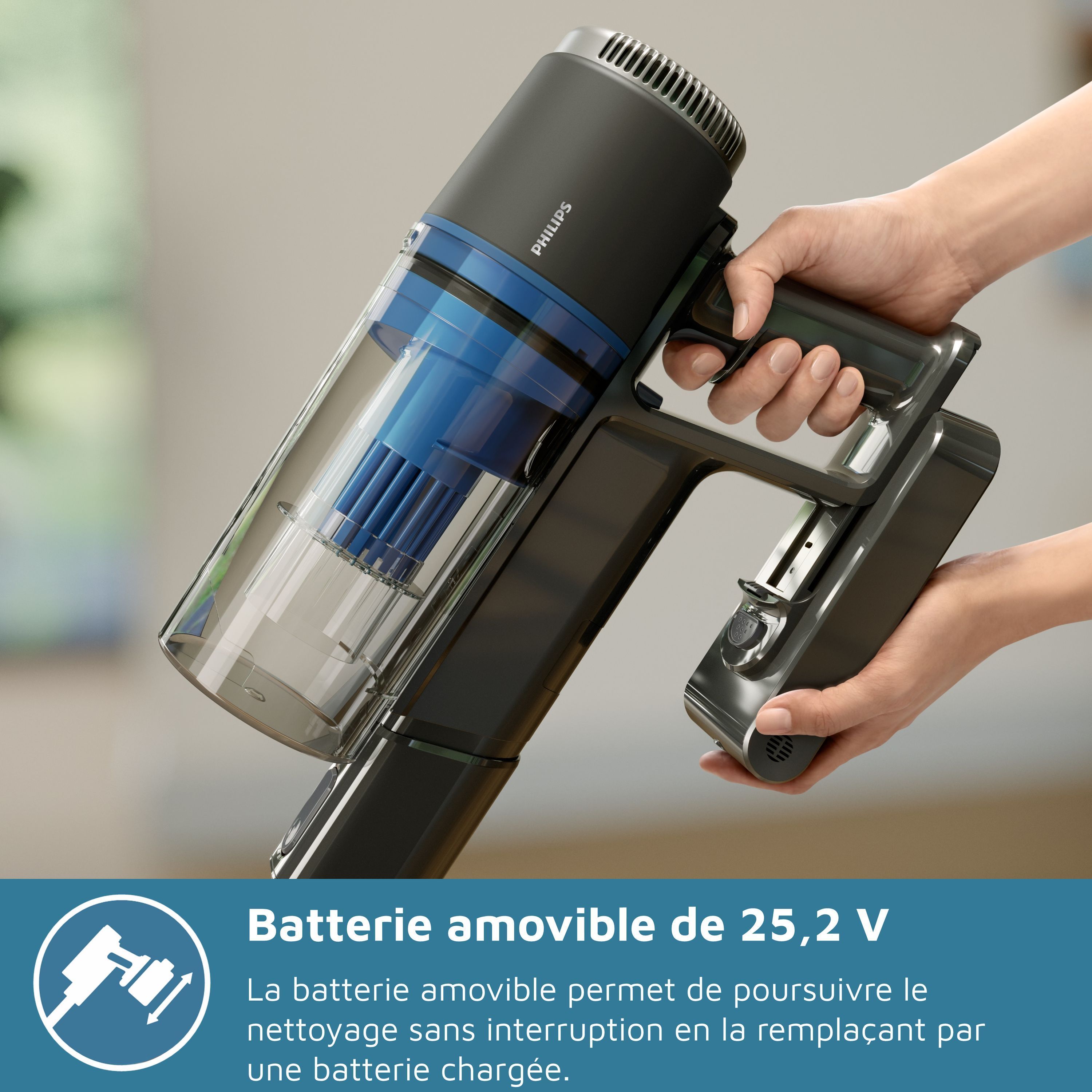 Aspirateur balai sans fil - PHILIPS - XC3033/01 - Série 3000 - batterie lithium-ion 25.2V - balai à LED - Vert Cargo