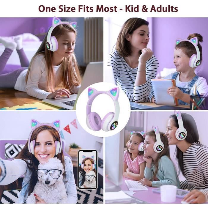 Casque Bluetooth Enfants - Mignon - Oreilles de Chat - LED Multicolores - Son Stéréo - Rechargeable