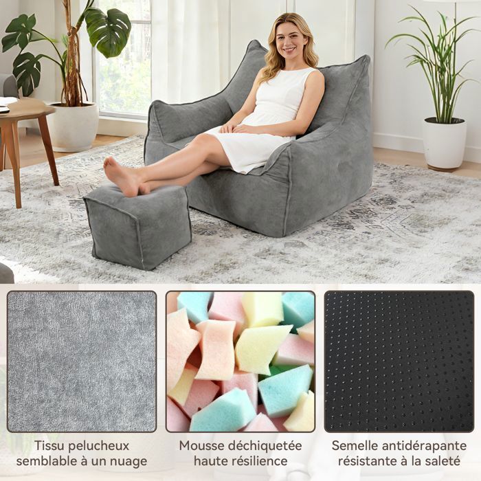 Pouf Salon Fauteuil en Velours avec Repose Pieds - 100 x 95 cm - Canapé, Poire, Chaise longue - Chambre, Gris