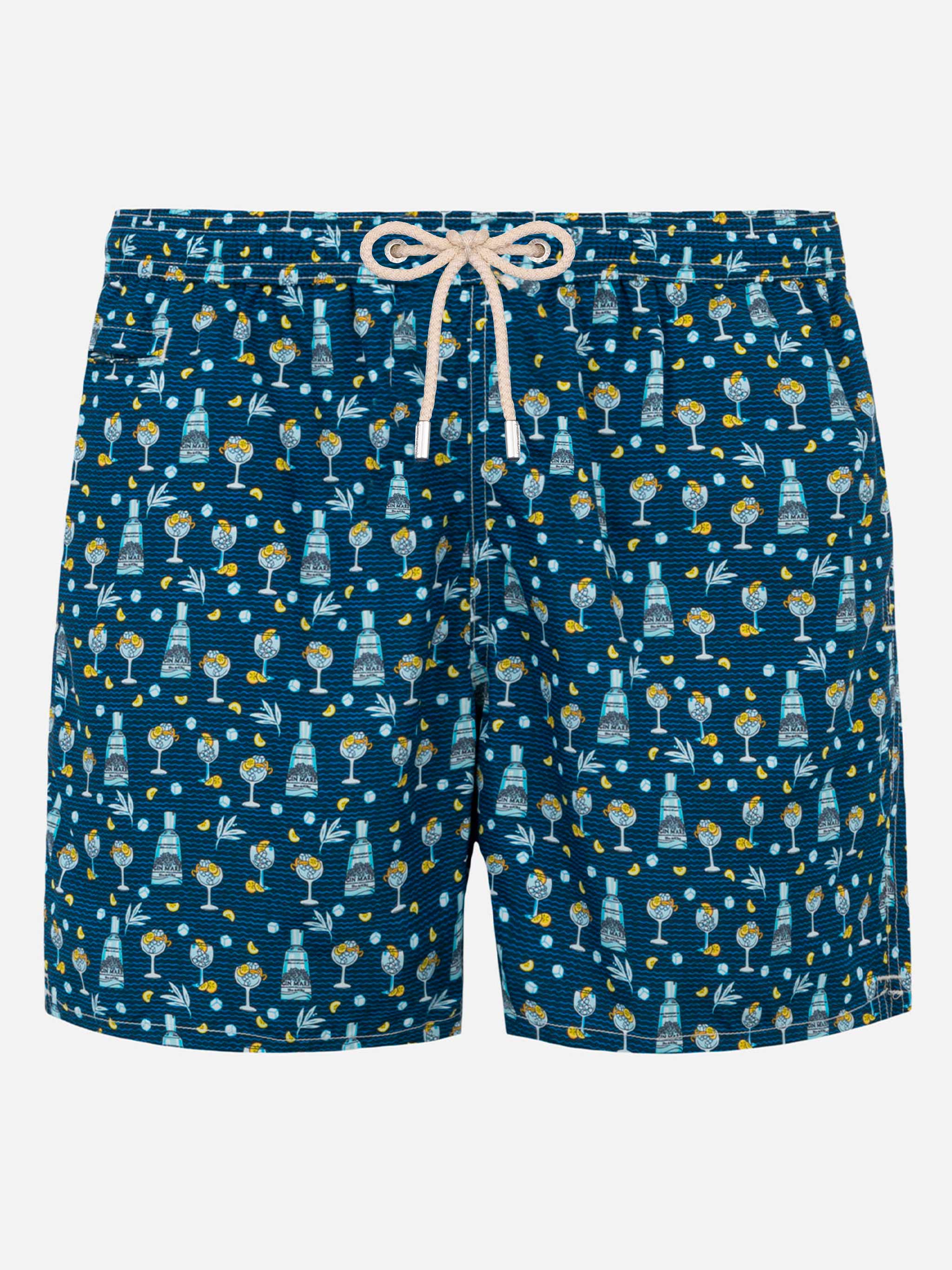 Man Classic Swim Shorts | Gin Mare All-Over Print Special Edition | Blue | Quick-Drying | Mid-Length | Elastic Waist | Drawstring | MC2 Saint Barth