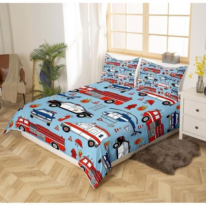Juego de ropa de cama de dibujos animados de coche de policía, camión de bomberos, funda nórdica roja de 90x190cm para niños y niñas, umbral de puerta de coche