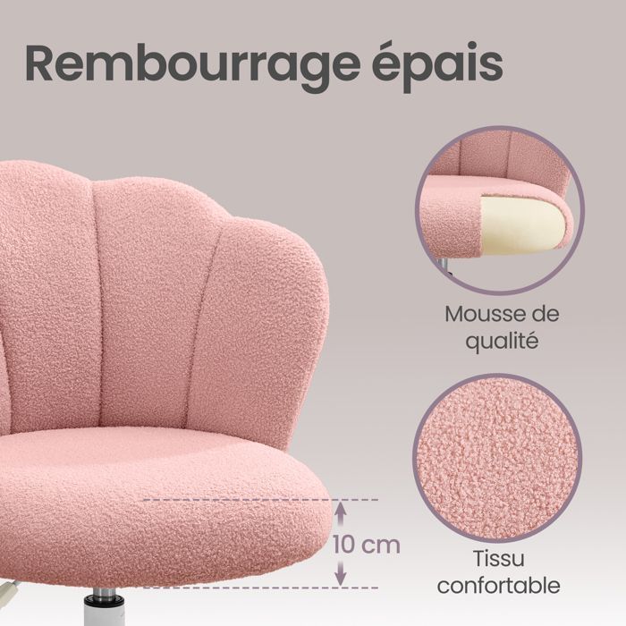 Silla de oficina giratoria ajustable, silla de maquillaje acolchada, respaldo de pétalos, para dormitorio, sala de estar, rosa.