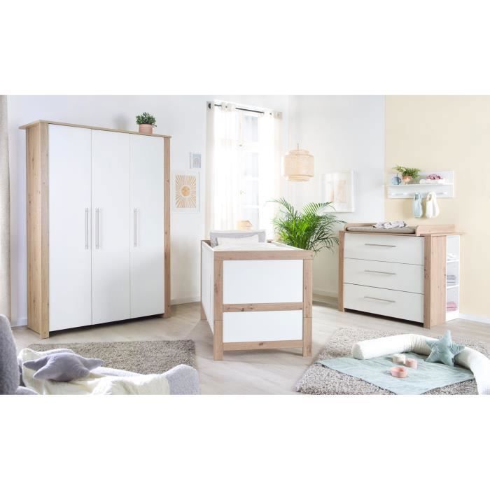 Conjunto completo para habitación infantil ROBA - Malo - Cuna convertible de 70x140 cm + cambiador + armario de 3 puertas - Blanco - Acabado en roble