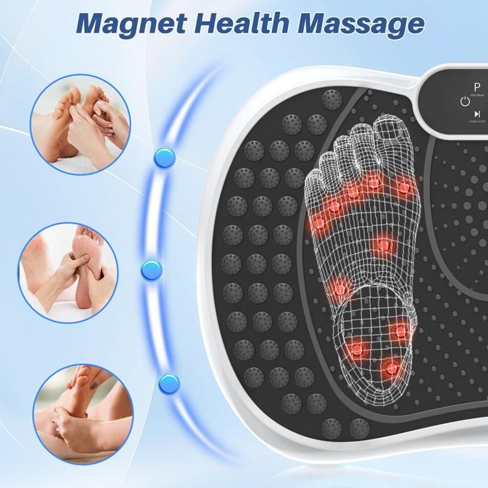 Plataformas vibratorias con 99 niveles de intensidad, 5 configuraciones preprogramadas, cuerdas de tensión y cuerdas para saltar, color blanco.