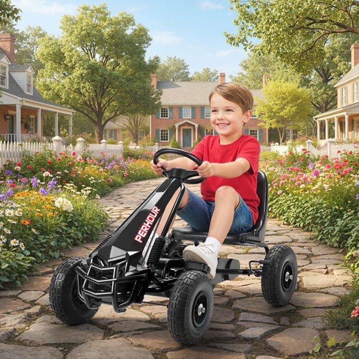 Kart à pédales - Go-Kart pour enfants - AIYAPLAY - siège réglable, pneus EVA, embrayage manuel et frein - 110 x 61 x 62 cm - noir