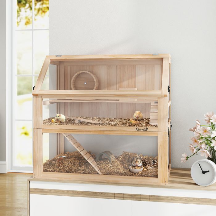 Houten hamsterkooi - knaagdierenkooi - PawHut - 3 verdiepingen met verwijderbare bodem, schuilplaats, schommel - 80x50x76cm - natuurlijke houtafwerking