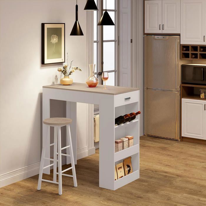 Mesa de bar WOLTU, mesa alta de cocina con cajón, mesa consola de madera de ingeniería, 100x50x100cm, blanco+roble claro W0ATT0371