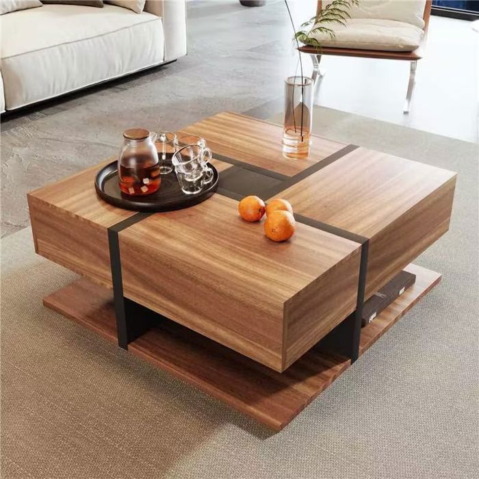 Square coffee table with 4 storage drawers, modern design, living room furniture, 78x78x36cm, natural wood