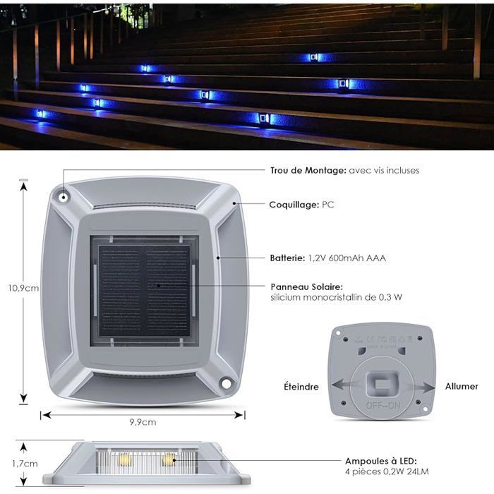 Luminárias solares potentes para caminhos externos, à prova d'água IP68, iluminação azul para escadas externas, conjunto de 2 luzes solares para caminhos.