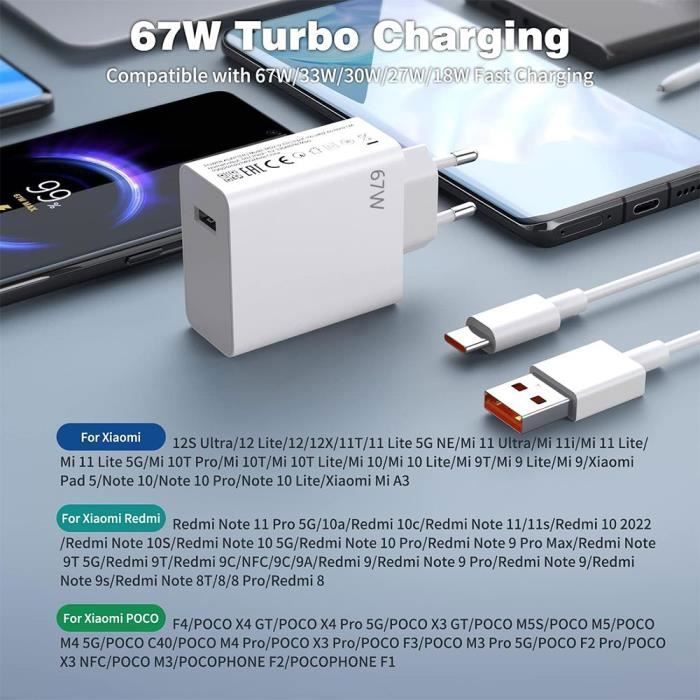 Cargador rápido de 67 W + cable USB-C de 1 metro y 6 A para Xiaomi Redmi Note 15, Note 14/Pro Plus, 13, 12 4G-5G, A5, 15C, 14C, 13C