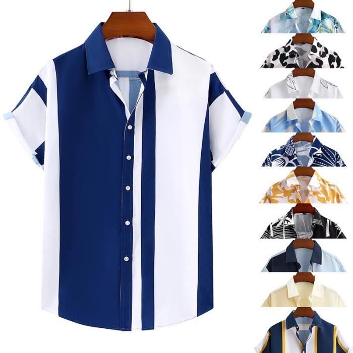 Camicia da spiaggia hawaiana da uomo a maniche corte per l'estate, con stampa a righe, ideale per le vacanze - Blu
