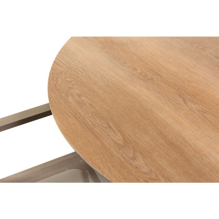 TEO & DINA garden set with round table Ø120 cm wood effect in SPC and 4 stackable chairs in textilene, aluminium frame