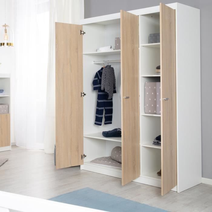 Armario infantil Gabriella de 3 puertas - ROBA - Blanco / Roble Sonoma - Espacio para colgar ropa y 6 estantes