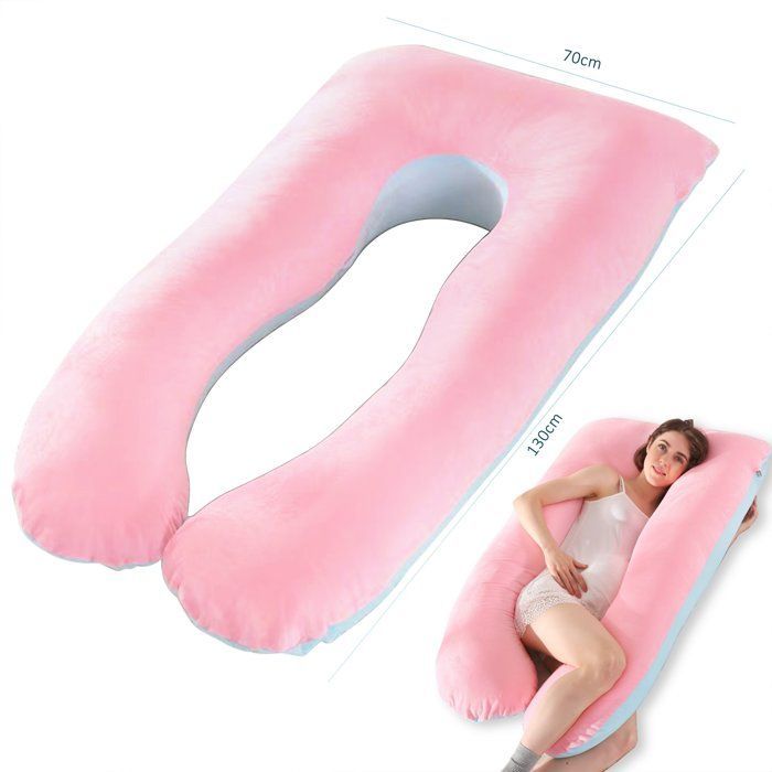 Almohada de embarazo en forma de U, almohada de lactancia, funda 100% algodón, relleno extraíble, soporte para espalda, vientre y piernas, 70 × 130 cm (rosa y azul)