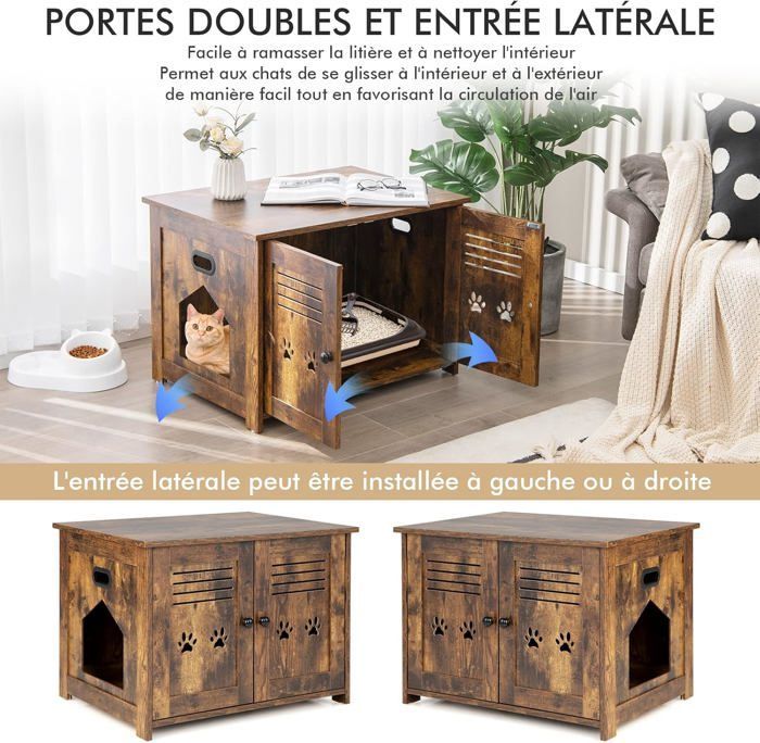 Arenero de madera para gatos COSTWAY con doble puerta, 70 x 51,5 x 50,5 cm, mueble/bandeja de arena con entrada lateral