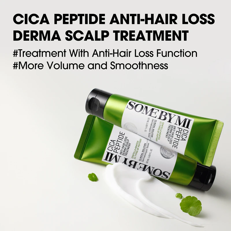 Some By Mi Cica Peptide Derma Scalp Treatment é um condicionador hidratante e calmante que combate a queda de cabelo.