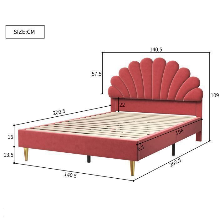 Cama POCKETPOP de 140x190cm en terciopelo burdeos - Estructura de madera y metal, base de láminas, cabecero con forma de pétalo, doble