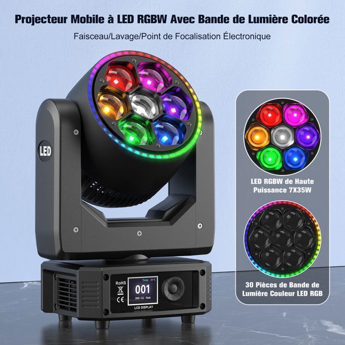 Cabeza móvil LED RGBW DMX UKing de 350 W - Luz de escenario con haz, lavado y zoom CTO - Iluminación para DJ con 7 ojos de abeja para fiestas disco (paquete de 2)