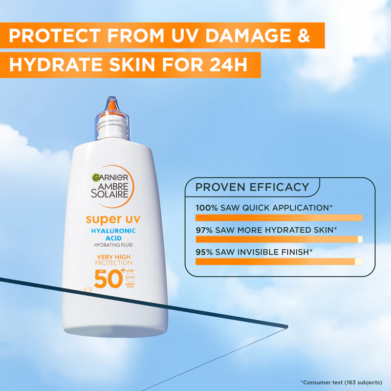 Garnier Ambre Solaire Super UV Fluido de proteção solar com ácido hialurônico e efeito hidratante