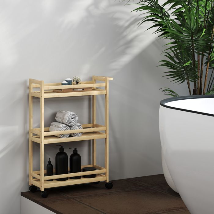 Estantería de almacenamiento para baño - HOMCOM - 3 niveles de bambú - con ruedas para cocina, baño, sala de estar - natural