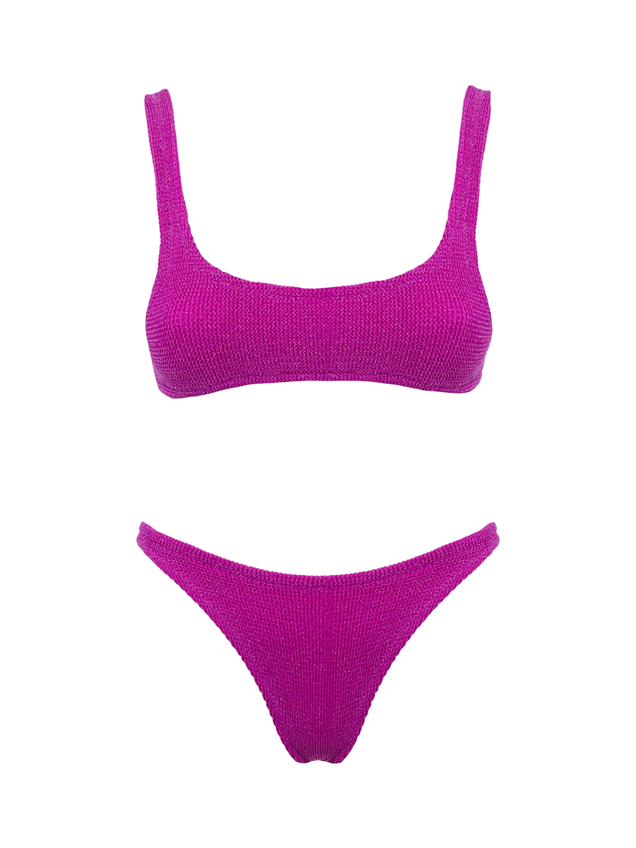 Bikini is klassiek, een bralette gekreukeld fucsia met lurex-filato