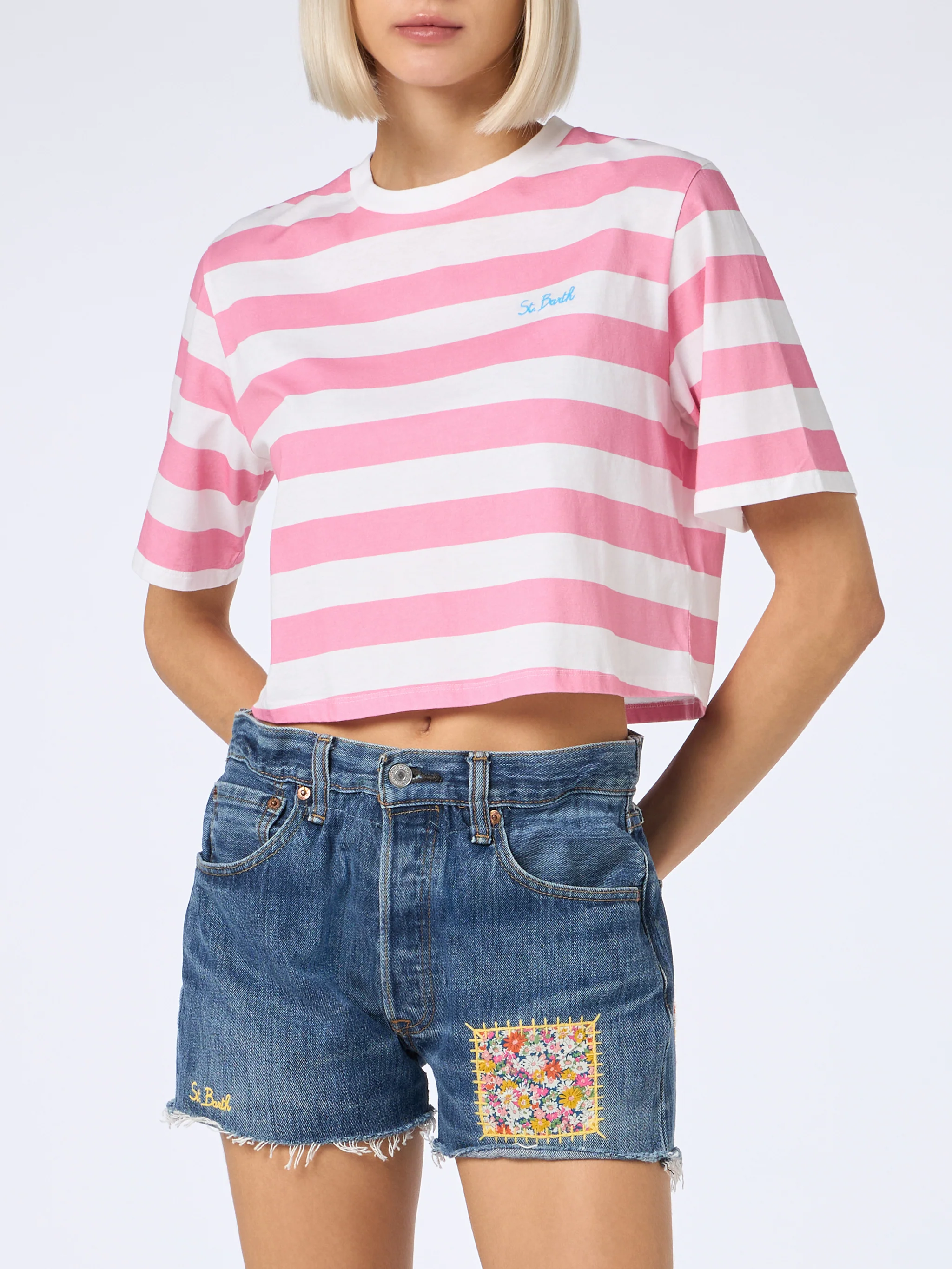 Roze en wit gestreept cropped T-shirt voor dames