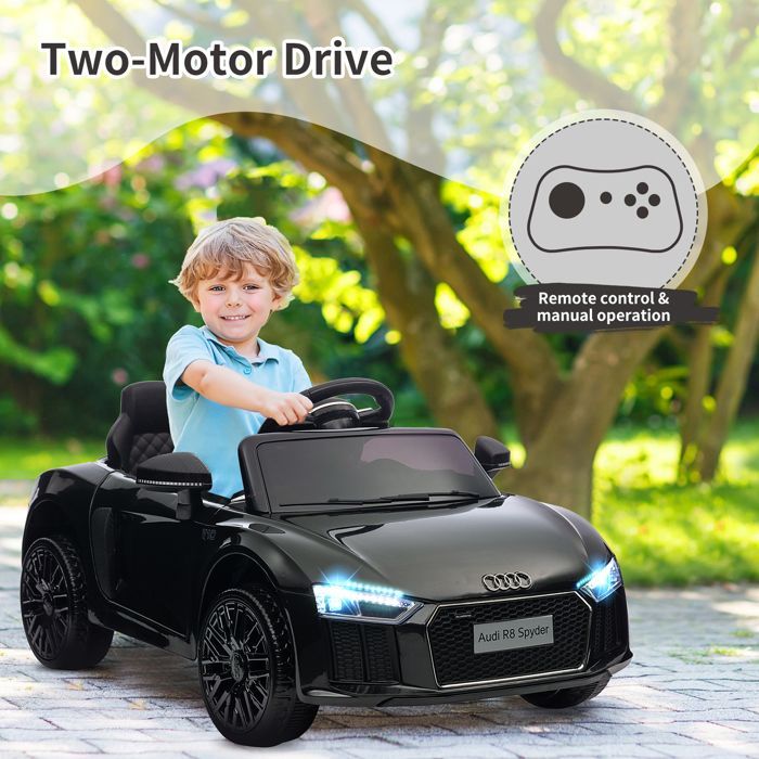 Coche eléctrico infantil Audi R8 Spyder, con licencia oficial, 12 V, suspensión, 3 velocidades, luces LED y claxon - Negro