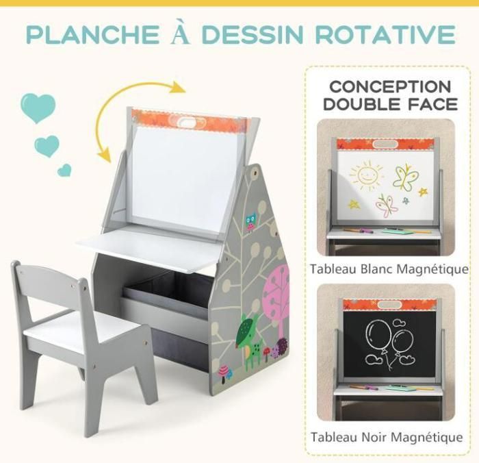 Tableau Enfant 3 en 1 -DREAMADE - Planche à Dessin Double Face - Bac de Rangement - Bibliothèque à 2 Etagères - 3-6 Ans - Gris