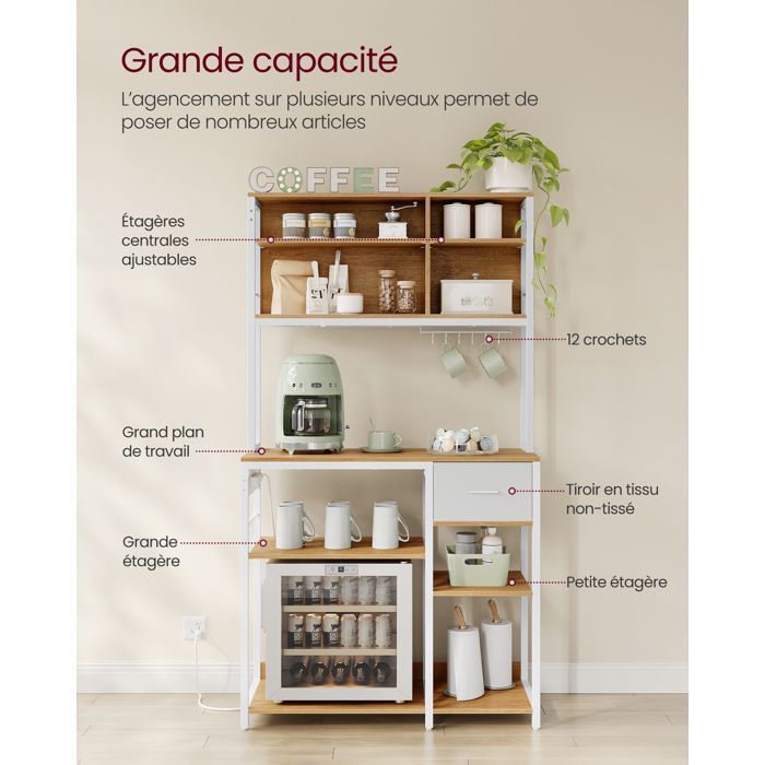Carrello da cucina - VASAGLE - Ripiano da cucina con multipresa - Ripiani regolabili, rovere dorato e bianco nuvola