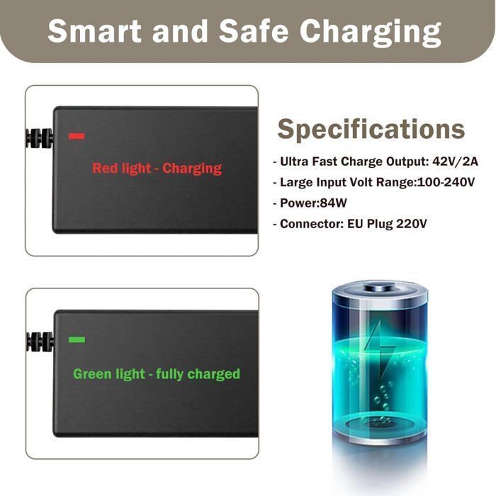 Chargeur pour trottinette électrique et hoverboard 42V 2A, 6 connecteurs inclus (DC5.5x2.1/DC5.5x2.5/8mm 3 broches/12mm 3 broches),