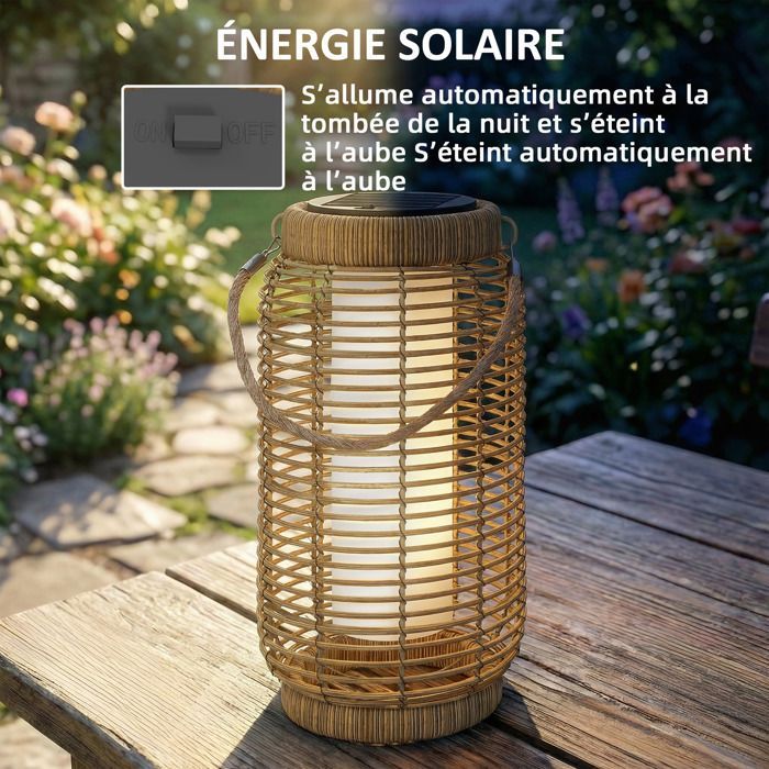 Set of 2 Solar Outdoor Floor Lamps - Garden Lamps - Outsunny - Automatic On/Off - Woven Resin - 18x18x37cm - Sand